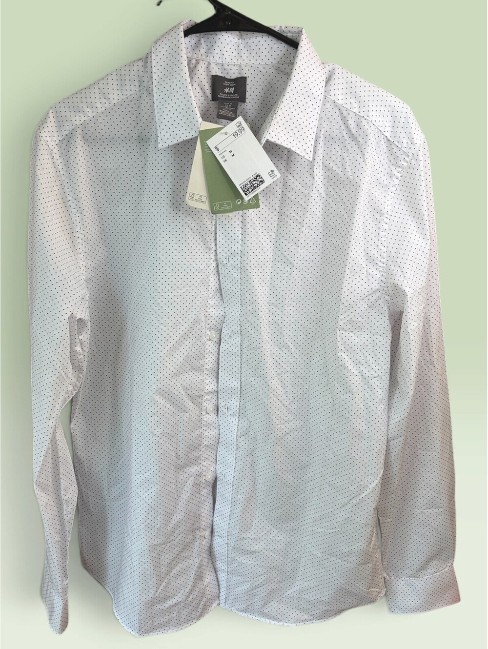 H&M Slim Fit Easy Iron Men's Dress Shirt, Medium, White with Black Dots
